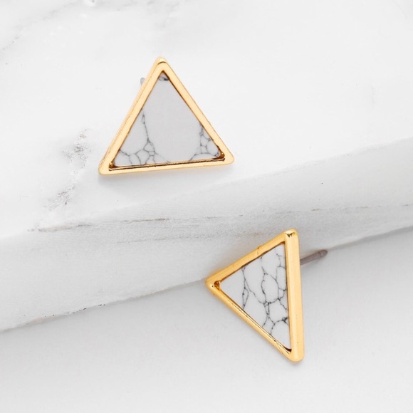 White Marble Triangle Gold Earrings - Picture 4 of 7